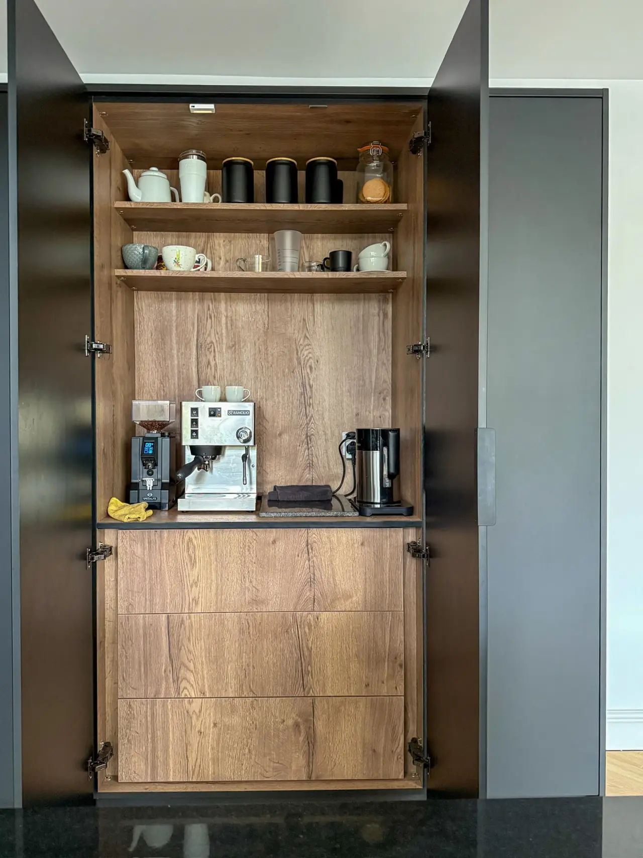 Coffee station cabinet oak interior espresso machine, made and fitted by Sussex Design Interiors