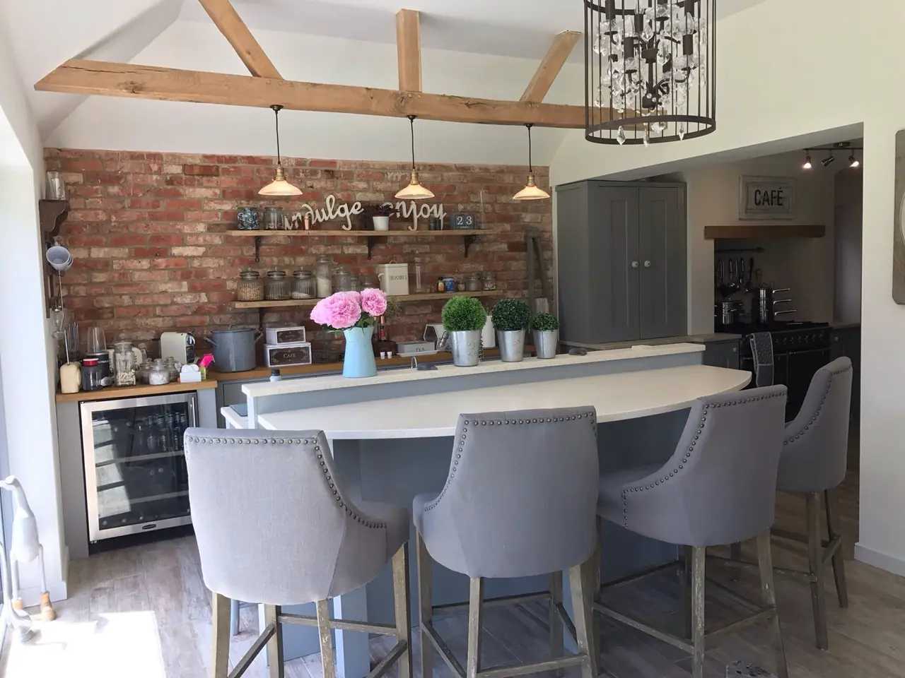 Kitchen bar brick wall exposed beams pendant lights, made and fitted by Sussex Design Interiors