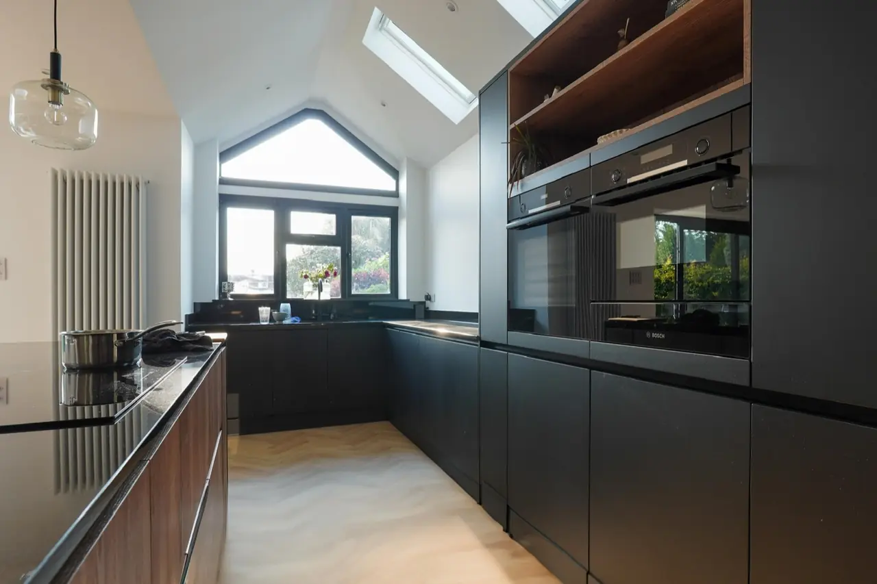 Kitchen black matte vaulted skylight, made and fitted by Sussex Design Interiors