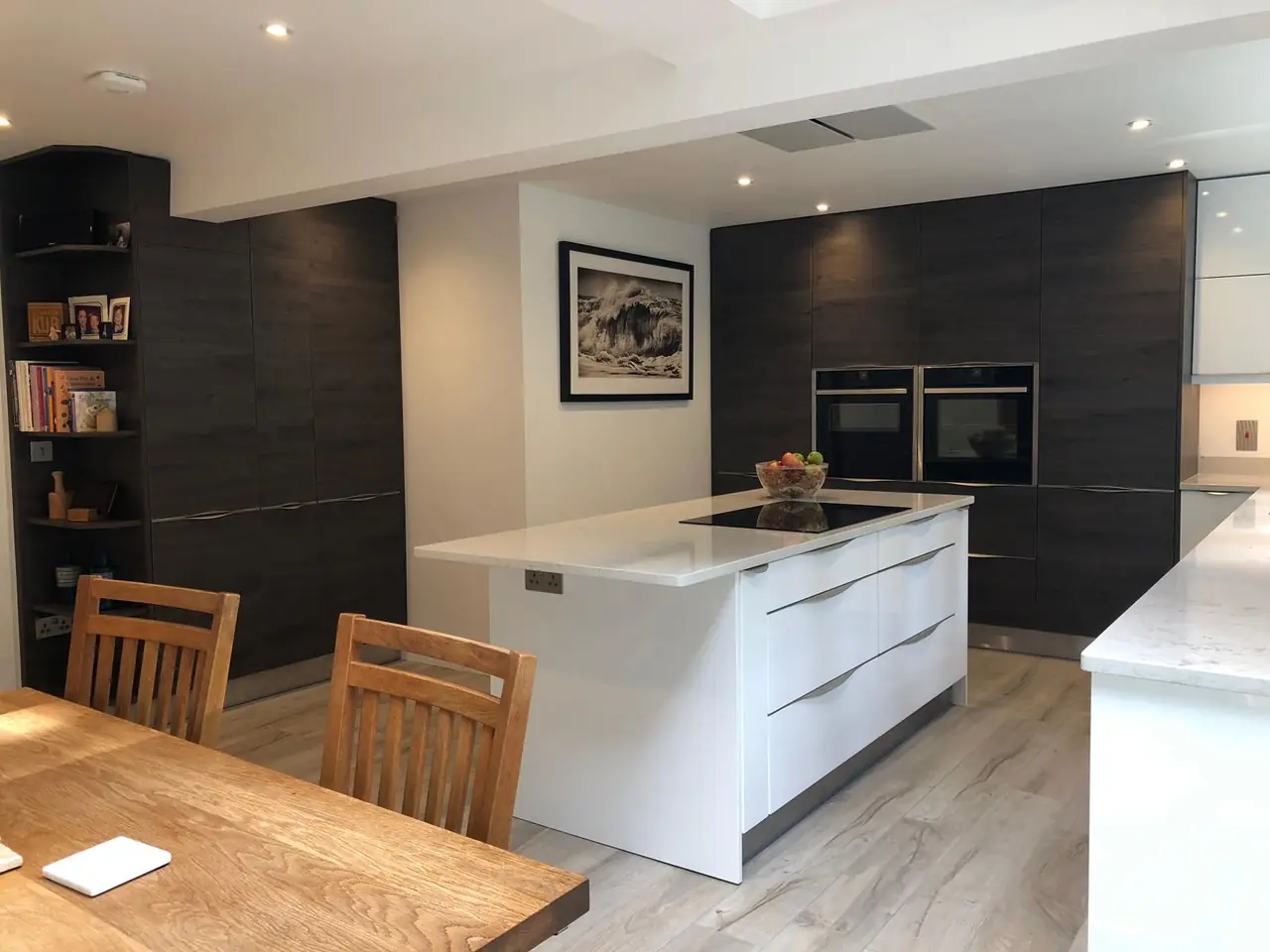 Kitchen dark wood white gloss island dining table, made and fitted by Sussex Design Interiors