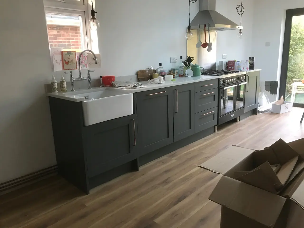 Kitchen shaker grey belfast sink taps, made and fitted by Sussex Design Interiors