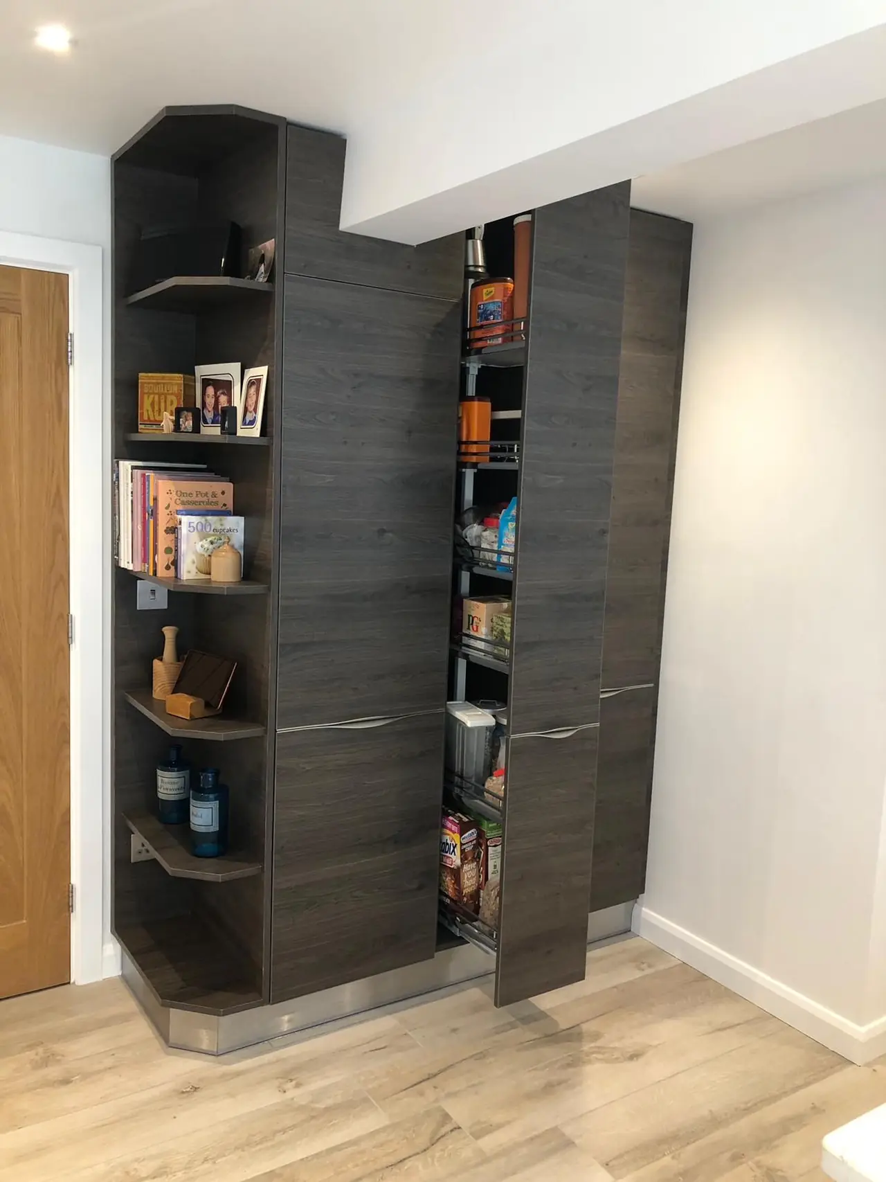 Pantry corner shelving bookcase, made and fitted by Sussex Design Interiors