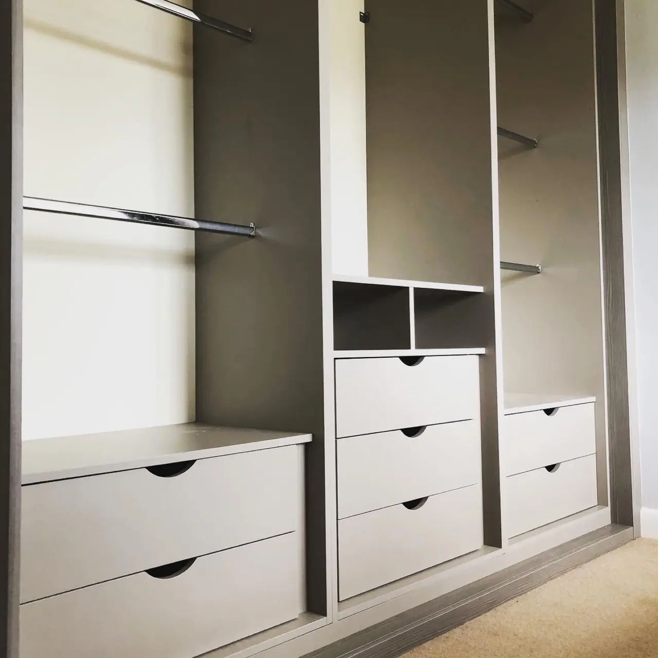 Wardrobe open shelves drawers taupe interior, made and fitted by Sussex Design Interiors