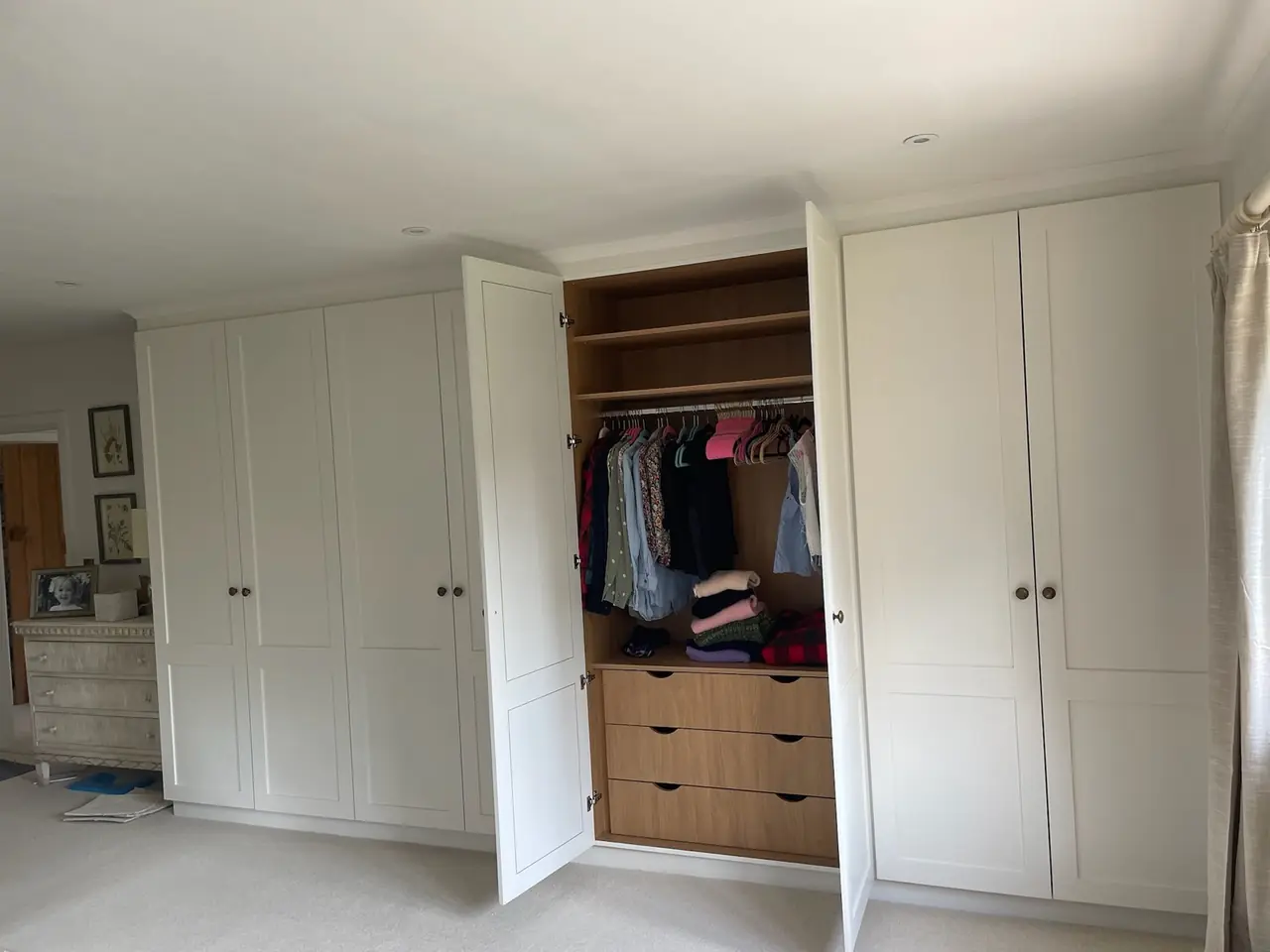 Wardrobe white shaker open door hanging rail drawers, made and fitted by Sussex Design Interiors